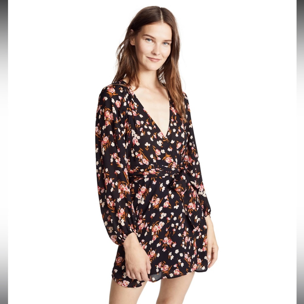 ALC Carlo Black Floral Silk Wrap Long Sleeve Mini Dress
